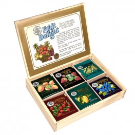 Drevená darčeková škatulka-mix cejlónskych ovocných čajov.
