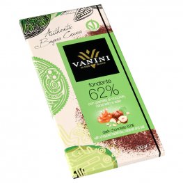 Vanini čokoláda horká 62% s lieskovcami a slaným karamelom.