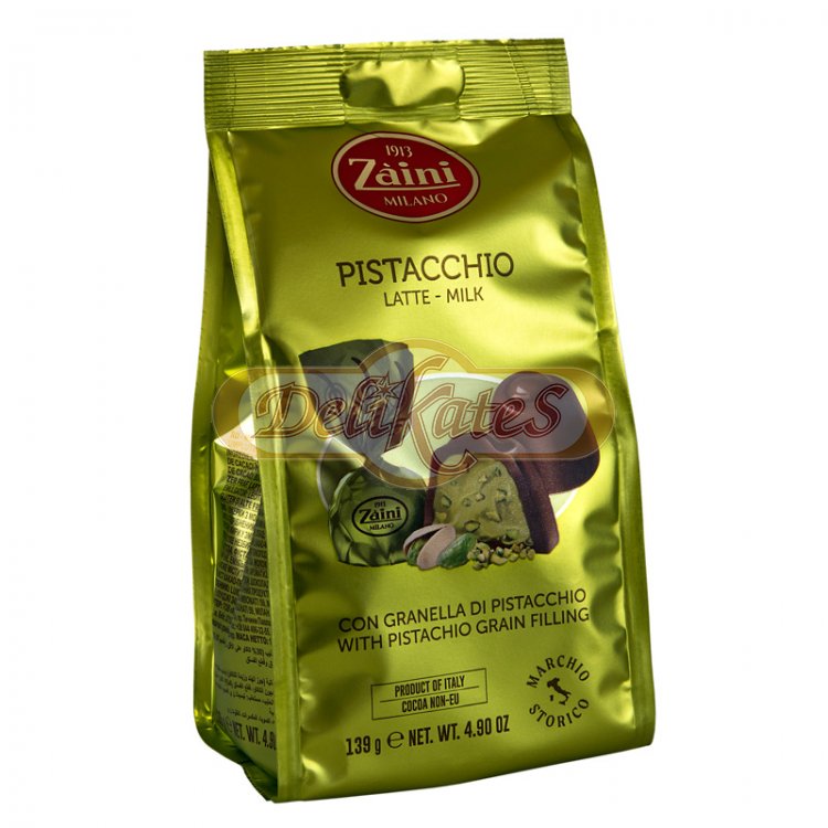 Pralinky z mliečnej čokolády plnené krémom a kúskami pistácií.