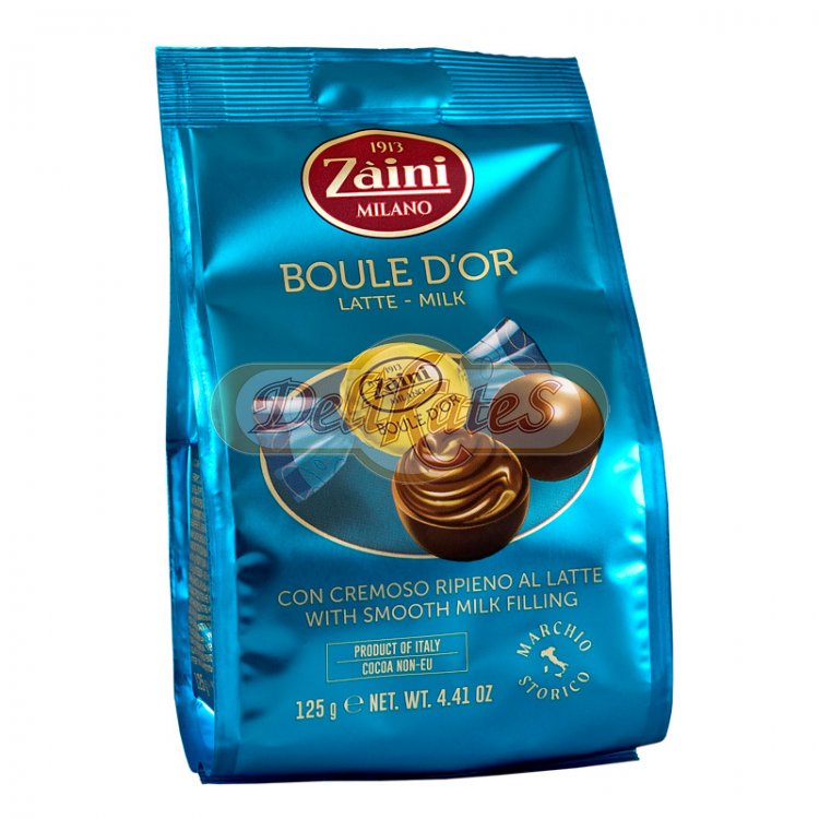 Zaini pralinka z mliečnej čokolády plnená mliečnym krémom.