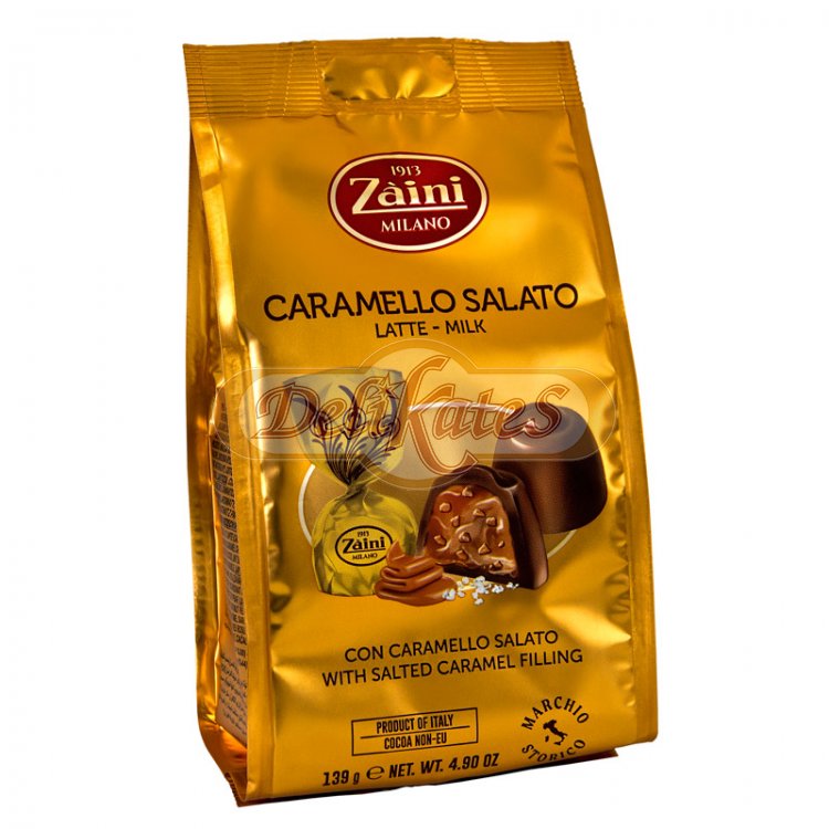Pralinky z mliečnej čokolády plnené slaným chrumkavým karamelom.